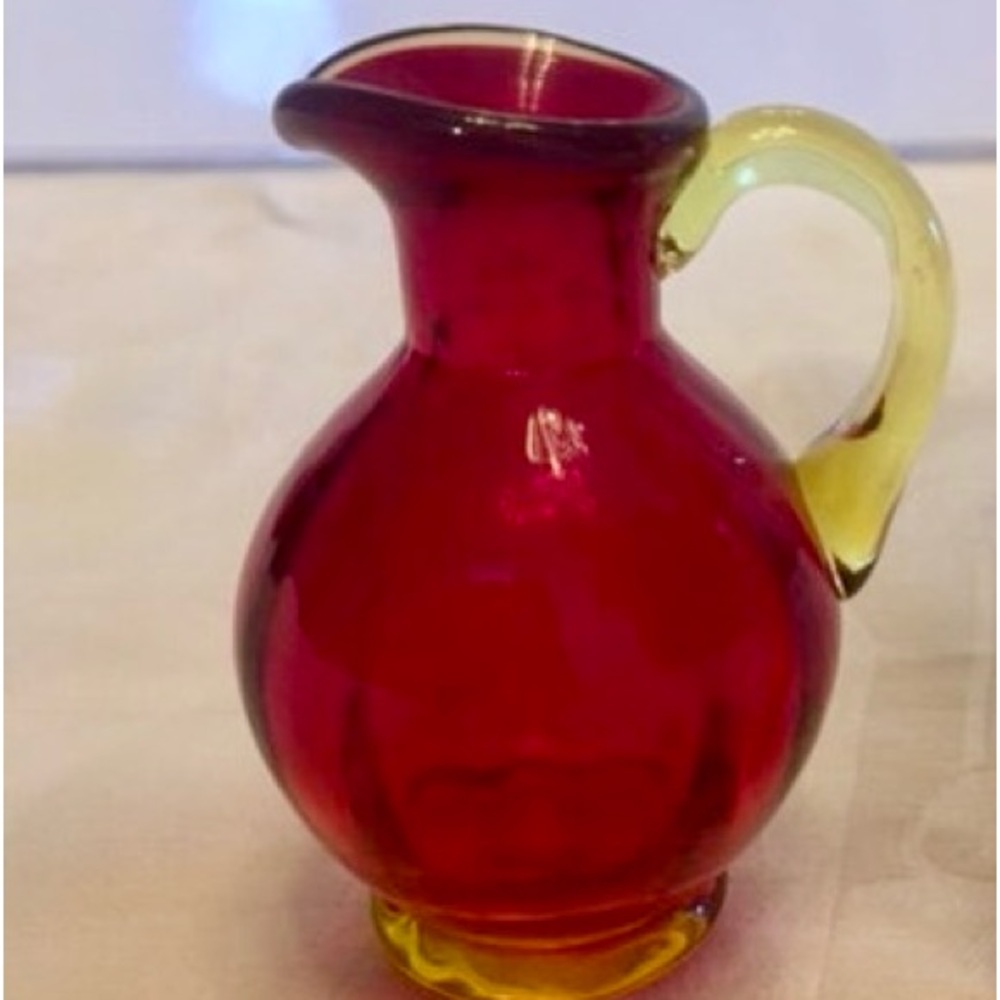 Precious miniature Ruby Glass pitcher - 3.5" high with clear crystal handle.